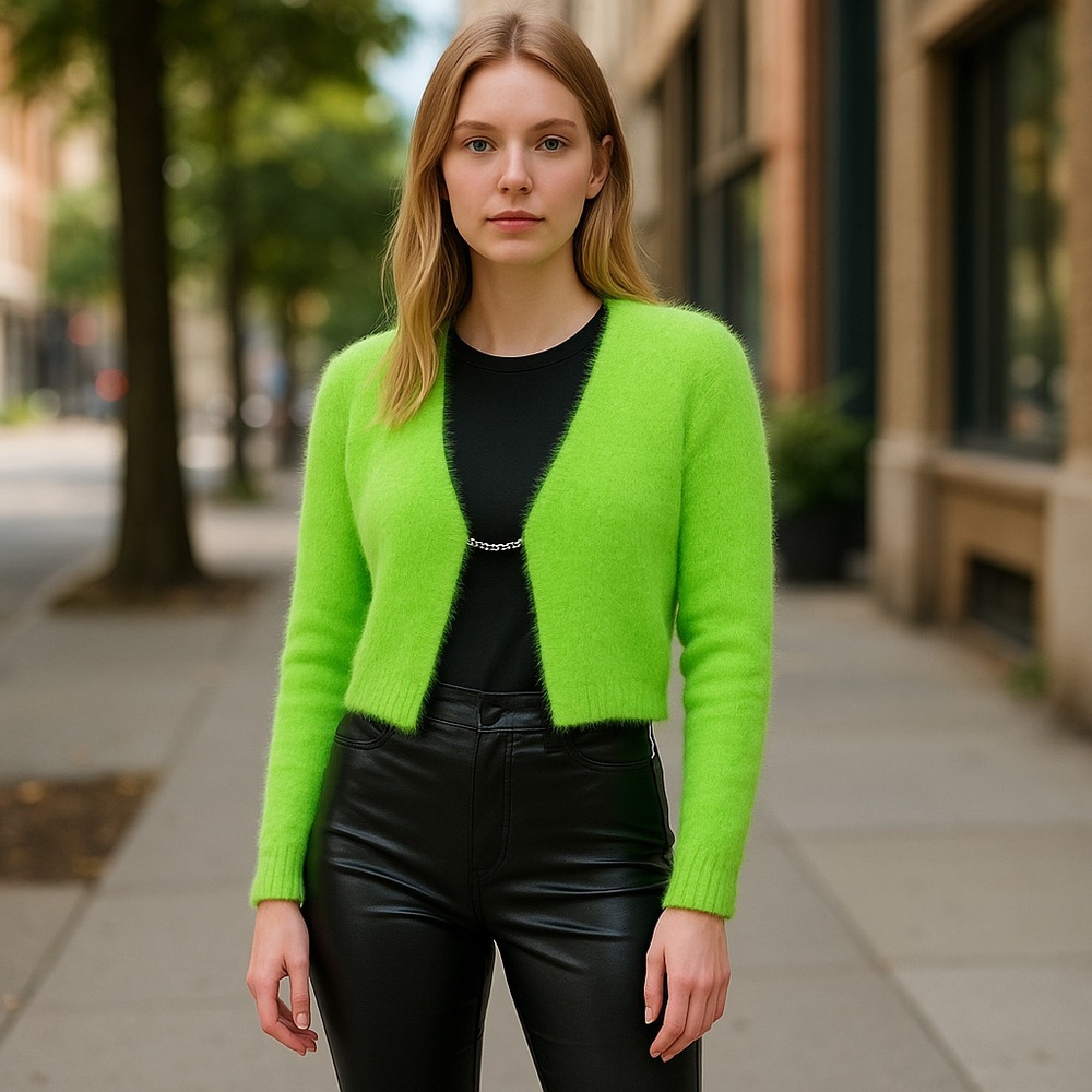 NWT Fabletics Mini Crop Cardigan Fuzzy Sweater COLOR -Sour Apple / Neon Green